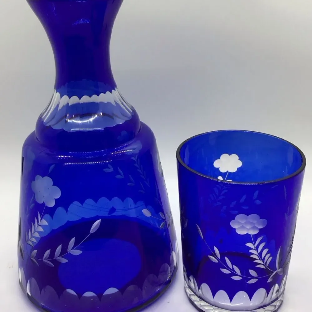 Czech Cobalt Glass Cut to Clear Bedside Carafe